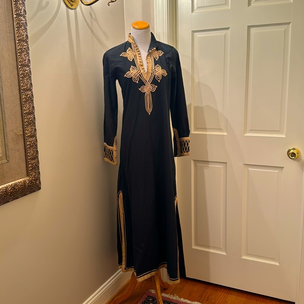 Traditional Moroccan Black Tunic Dress with Gold Embellishment